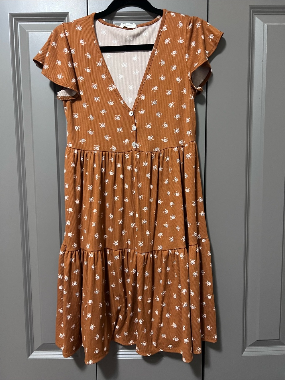 See You Monday Rust Floral Tiered V-Neck Midi Dress